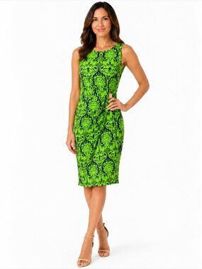 Joseph Ribkoff Size 8 Green Navy Baroque Print Sleeveless Sheath Dress Chic Luxe